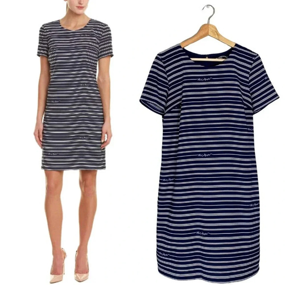 Karl Lagerfeld Paris Women's 6 Short Sleeve Signature Striped Shift Dress Navy - Picture 1 of 16